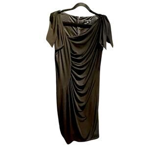 David Meister Dress Size 12 Black Ruched Sheath Flutter Sleeve Formal Cocktail